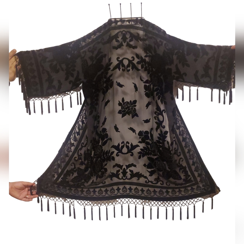 VINTAGE Touch of class fringed sheer kimono duster boho festival silk - Picture 3 of 11